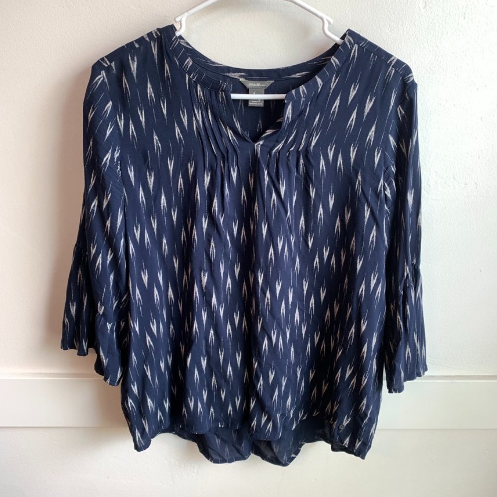 Eddie Bauer Blue Patterned Quarter Sleeve Blouse
